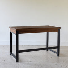 2-Drawer Modern Wood + Metal Desk Backside Pictured in Walnut Clear and Blackened Metal