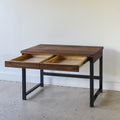 2-Drawer Modern Wood + Metal Desk Pictured in Walnut Clear and Blackened Metal