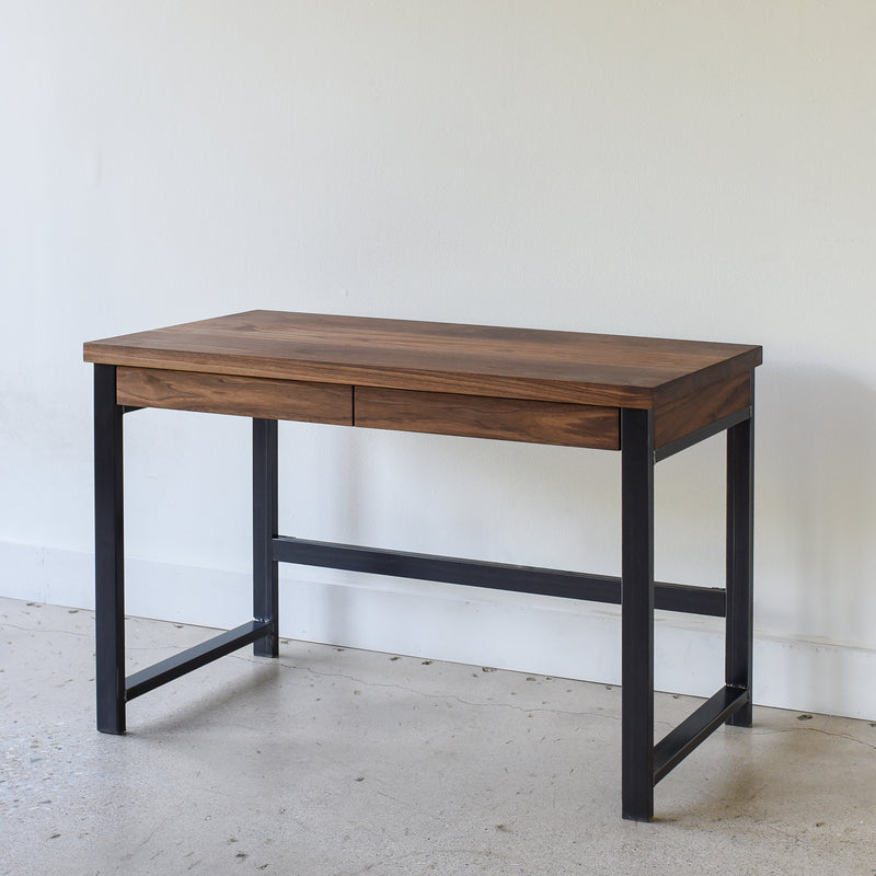 2-Drawer Modern Wood + Metal Desk Pictured in Walnut Clear and Blackened Metal