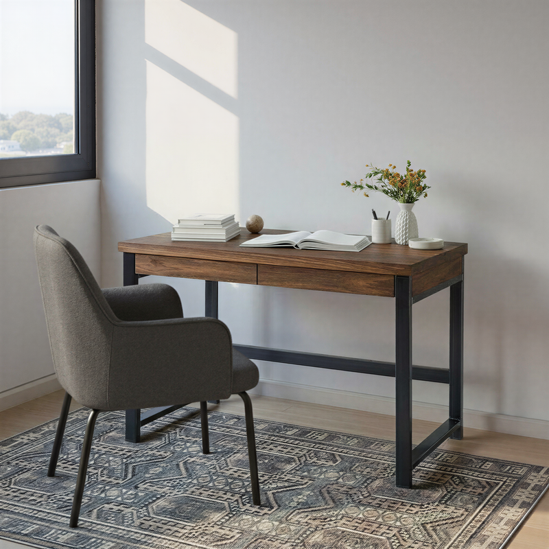 2-Drawer Modern Wood + Metal Desk Pictured in Walnut Clear and Blackened Metal