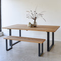 Industrial Modern Dining Table Pictured In White Oak Natural &amp; Blackened Metal Featured with our &lt;a href=&quot;https://wwmake.com/products/industrial-modern-reclaimed-wood-bench-u-shaped-metal-legs-anhr7&quot;&gt; Industrial Modern Bench&lt;/a&gt; 