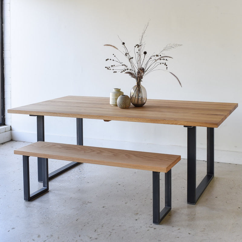 Industrial Modern Dining Table Pictured In White Oak Natural &amp; Blackened Metal Featured with our &lt;a href=&quot;https://wwmake.com/products/industrial-modern-reclaimed-wood-bench-u-shaped-metal-legs-anhr7&quot;&gt; Industrial Modern Bench&lt;/a&gt; 