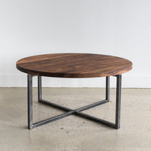 Round Modern Coffee Table Pictured in Walnut / Clear &amp; Blackened Metal