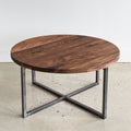 Round Modern Coffee Table Pictured in Walnut / Clear &amp; Blackened Metal