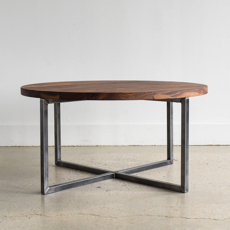 Round Modern Coffee Table Pictured in Walnut / Clear &amp; Blackened Metal