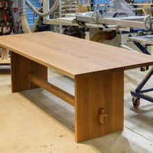 Modern Timber Frame Dining Table in our Algonquin, IL. workshop. Pictured in White Oak Clear.