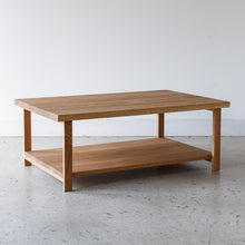 Modern Solid Wood Coffee Table With Lower Shelf Pictured in White Oak / Clear