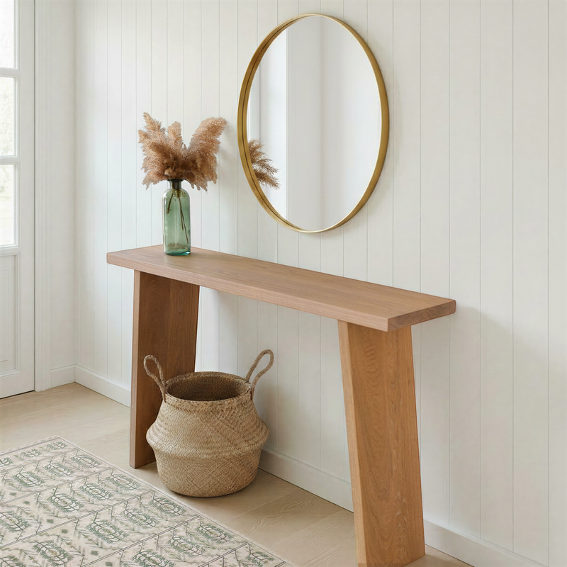 Solid white oak Nordic Console Table in our natural finish placed in an airy entryway.