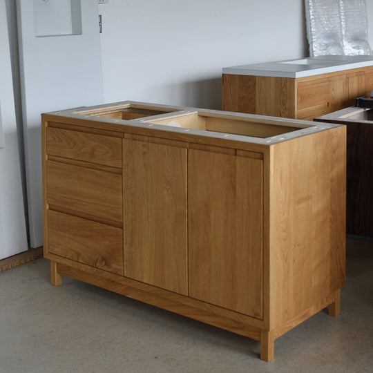 In-Stock 52" Modern Wood Vanity, Offset Single Sink, White Oak Clear, Bevel Pull – Ready to Ship