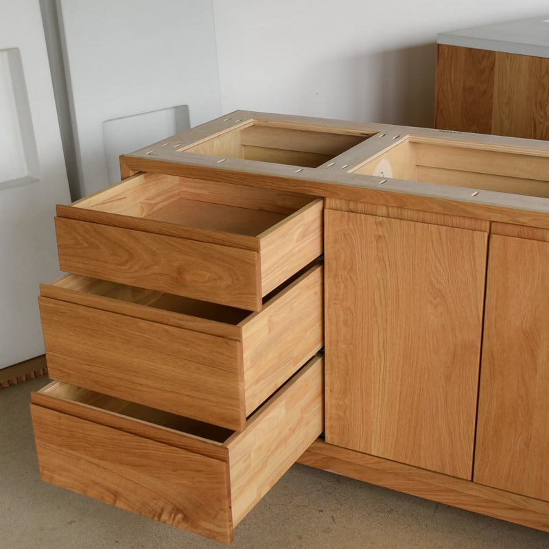 In-Stock 52" Modern Wood Vanity, Offset Single Sink, White Oak Clear, Bevel Pull – Ready to Ship