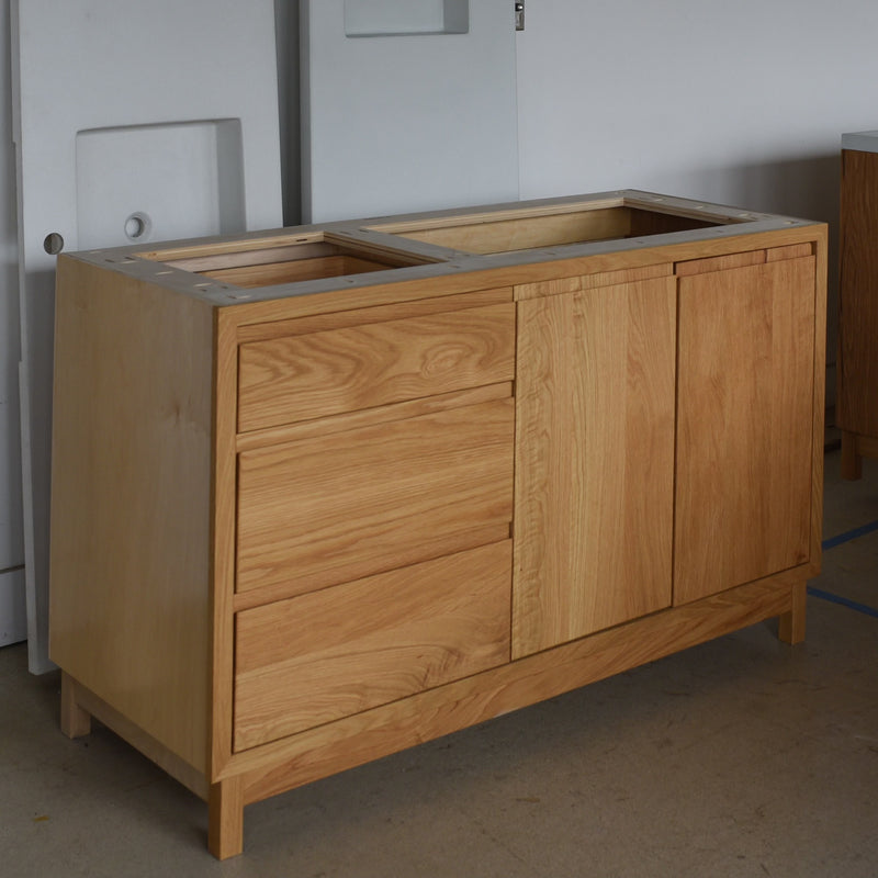 In-Stock 52" Modern Wood Vanity, Offset Single Sink, White Oak Clear, Bevel Pull – Ready to Ship