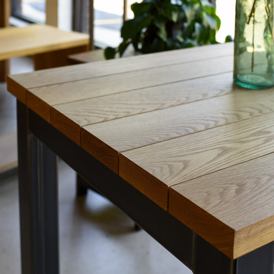 In Stock 48" White Oak Clear Steel Frame Outdoor Dining Table — Ready to Ship