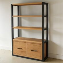 Modern Industrial Bookshelf With Drawers Pictured In White Oak Clear &amp; Blackened Metal