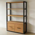 Modern Industrial Bookshelf With Drawers Pictured In White Oak Clear &amp; Blackened Metal