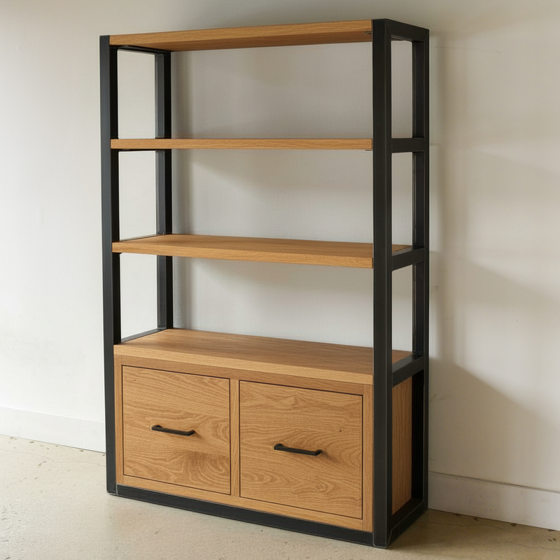 Modern Industrial Bookshelf With Drawers Pictured In White Oak Clear &amp; Blackened Metal