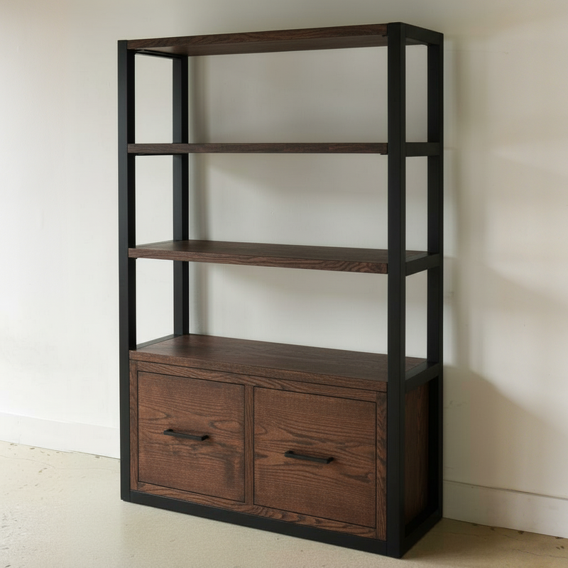 Modern Industrial Bookshelf With Drawers Pictured In Reclaimed Oak Walnut &amp; Blackened Metal