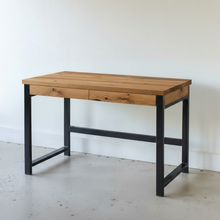 2-Drawer Modern Wood + Metal Desk Pictured in Reclaimed Oak Clear and Blackened Metal