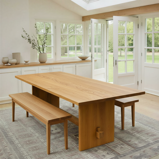 Modern Timber Dining Table with Tapered Leg Benches in a bright room with large windows. Pictured in White Oak Clear.