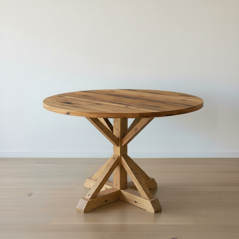 48" Round Pedestal Dining Table Pictured in Reclaimed Oak Textured