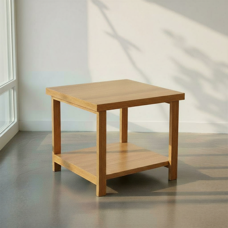 Solid Wood End Table With Lower Shelf Pictured In White Oak Clear