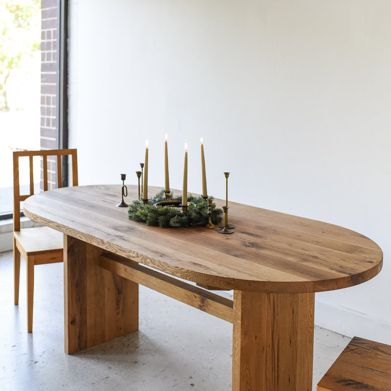 Modern Timber Oval Dining Table Pictured In Reclaimed Oak Clear