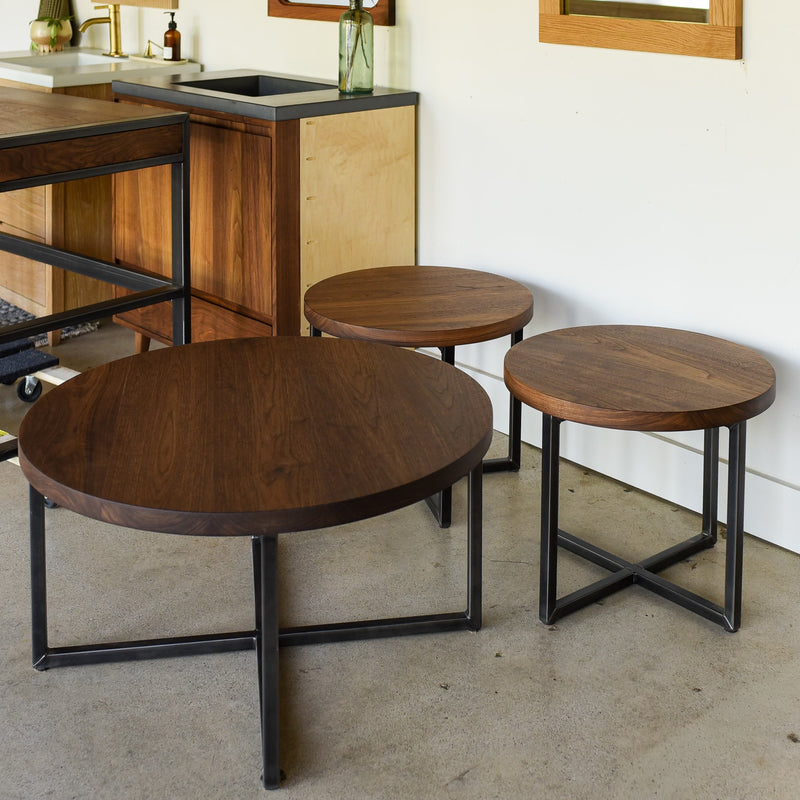 In Stock 22" Diameter Walnut Round End Table with Clear Finish and Blackened Legs — Ready to Ship (2 Available)