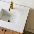 Quartz Offset Bathroom Vanity Top / Single Sink. Pictured in Natural White.