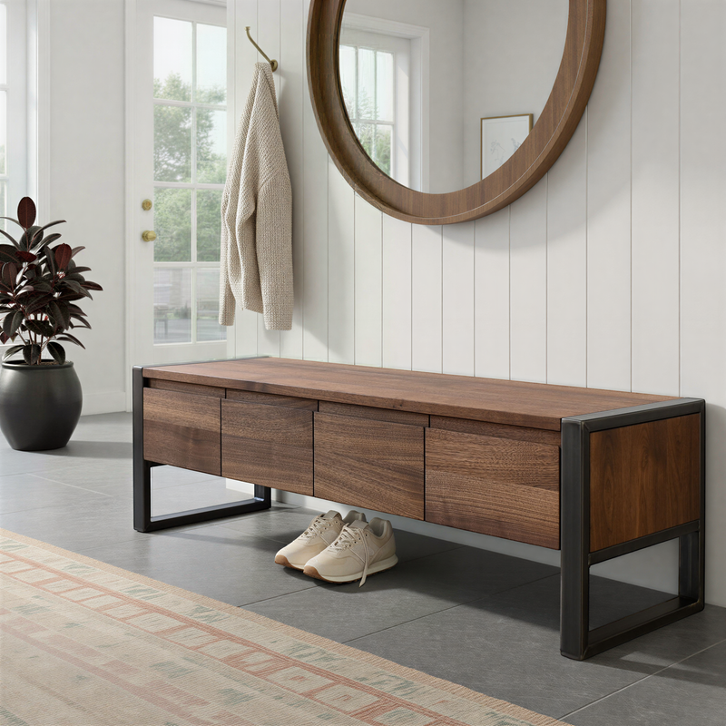Solid Wood 4-Drawer Storage Bench  Pictured in Walnut Clear and Blackened Metal