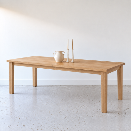 Farmhouse Extendable Dining Table, Parsons style Pictured In White Oak Clear.