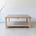 Square Modern Solid Wood Coffee Table With Lower Shelf Pictured in White Oak/ Natural