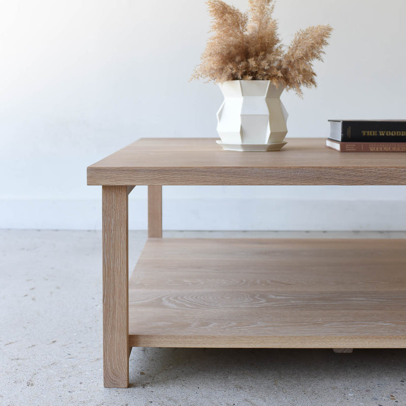 Square Modern Solid Wood Coffee Table With Lower Shelf Pictured in White Oak/ Natural