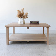 Square Modern Solid Wood Coffee Table With Lower Shelf Pictured in White Oak/ Natural