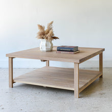 Square Modern Solid Wood Coffee Table With Lower Shelf Pictured in White Oak/ Natural