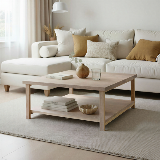 Square Modern Solid Wood Coffee Table with Lower Shelf