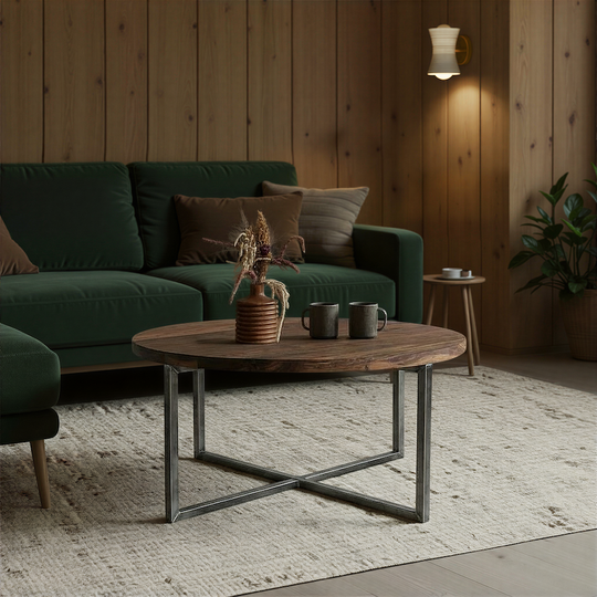 Round Modern Coffee Table Pictured in Walnut Clear & Blackened Metal