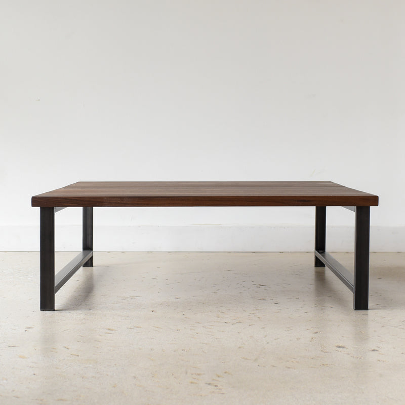 Square Industrial Modern Coffee Table Pictured In Walnut Clear &amp; Blackened Metal 