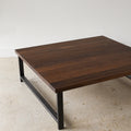 Square Industrial Modern Coffee Table Pictured In Walnut Clear &amp; Blackened Metal 