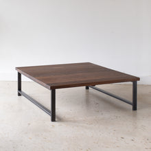 Square Industrial Modern Coffee Table Pictured In Walnut Clear &amp; Blackened Metal 