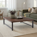 Square Industrial Modern Coffee Table Pictured In Walnut Clear &amp; Blackened Metal 
