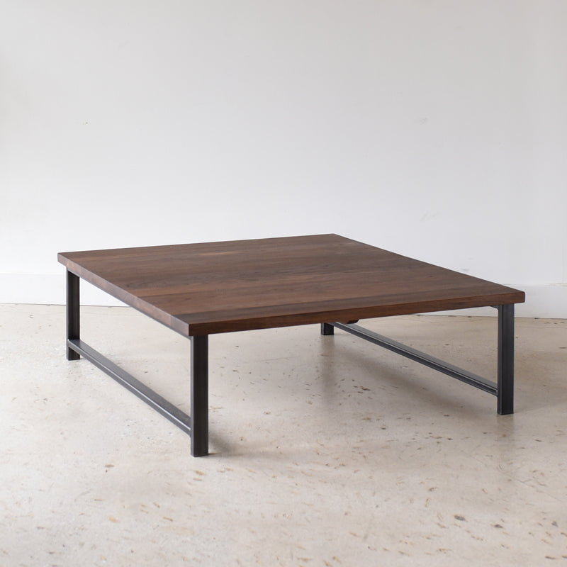 Square Industrial Modern Coffee Table Pictured In Walnut Clear &amp; Blackened Metal 