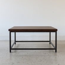 Square Stoic Coffee Table Pictured in Walnut Clear &amp; Blackened Metal