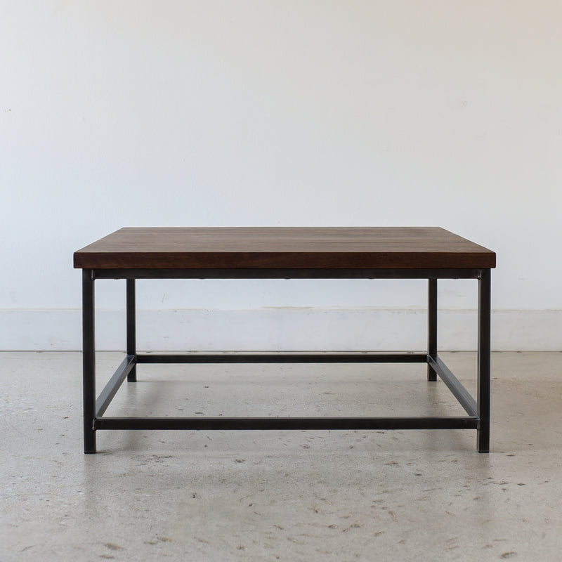 Square Stoic Coffee Table Pictured in Walnut Clear &amp; Blackened Metal
