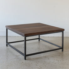 Square Stoic Coffee Table Pictured in Walnut Clear &amp; Blackened Metal