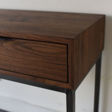 Storage Console Table with Box Frame Pictured In Walnut Clear &amp; Blackened Metal