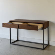 Storage Console Table with Box Frame Pictured In Walnut Clear &amp; Blackened Metal
