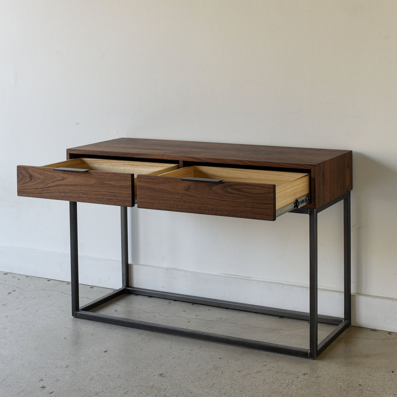 Storage Console Table with Box Frame Pictured In Walnut Clear &amp; Blackened Metal