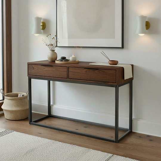 Storage Console Table with Box Frame Pictured In Walnut Clear & Blackened Metal