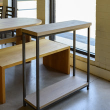 In Stock Stoic 36" Wood Console Table with Lower Shelf — Natural White Oak &amp; Antiqued Metal — Ready to Ship