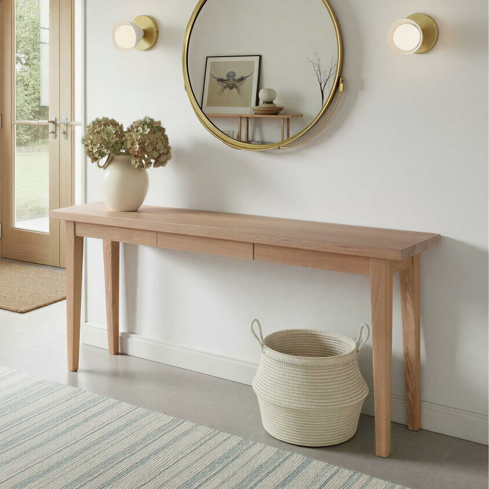 Tapered Leg Console Table With Hidden Drawer Pictured In White Oak Natural