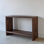 Modern Waterfall Console Table With Lower Shelf Pictured In Walnut Clear